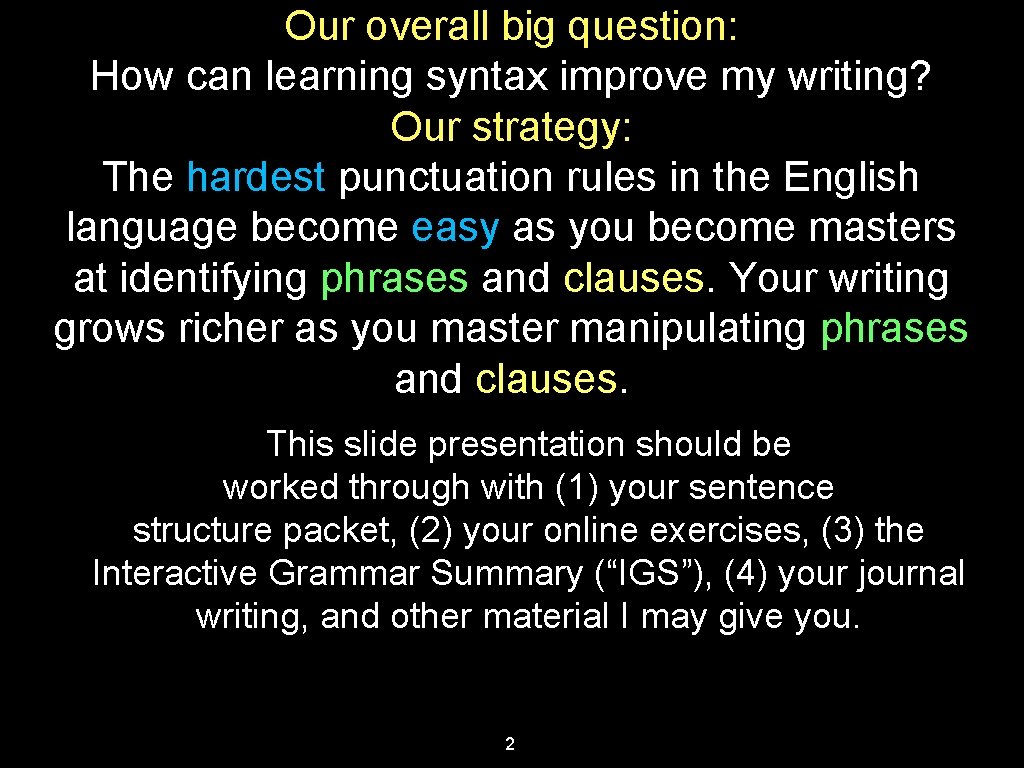 Our overall big question: How can learning syntax improve my writing? Our strategy: The