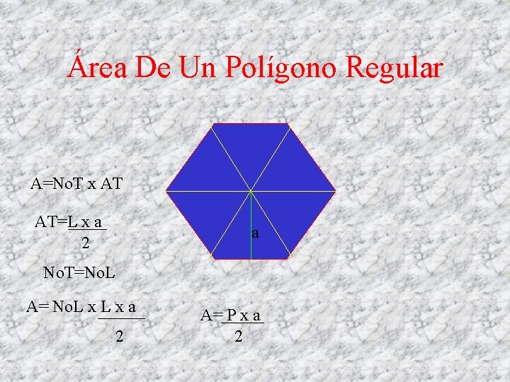 Área De Un Polígono Regular A=No. T x AT AT=L x a 2 a