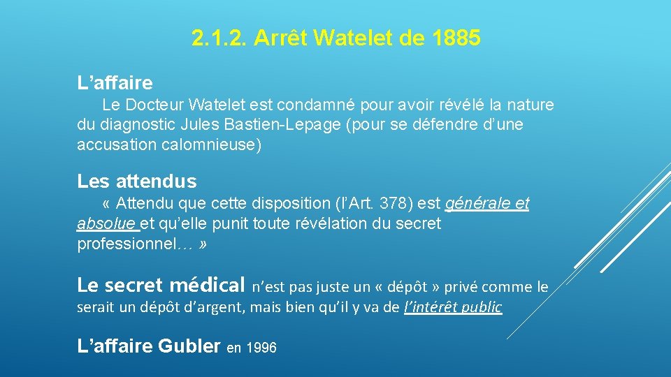 2. 1. 2. Arrêt Watelet de 1885 L’affaire Le Docteur Watelet est condamné pour