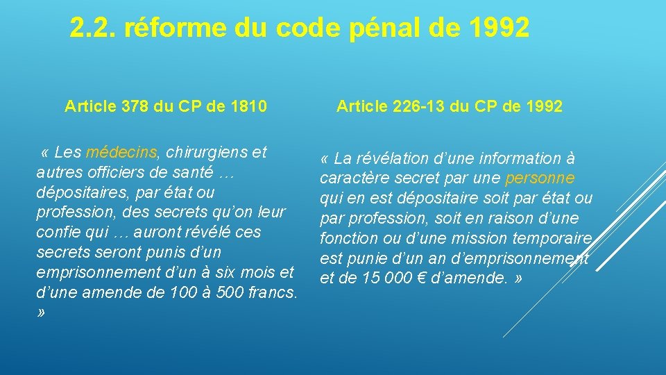 2. 2. réforme du code pénal de 1992 Article 378 du CP de 1810