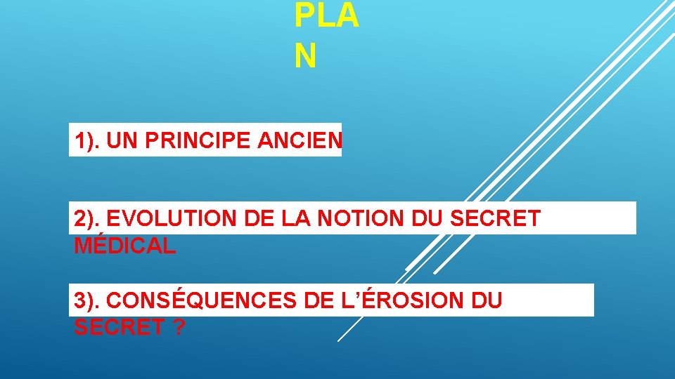 PLA N 1). UN PRINCIPE ANCIEN 2). EVOLUTION DE LA NOTION DU SECRET MÉDICAL