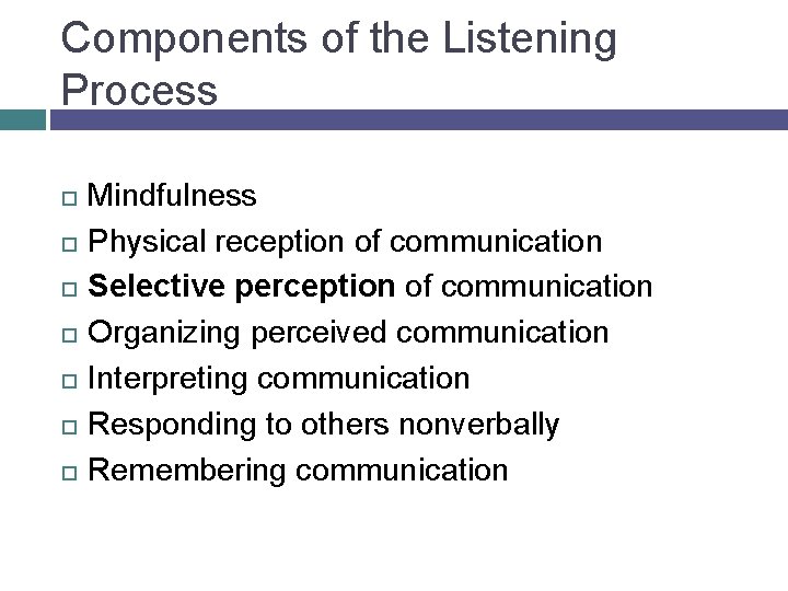 Components of the Listening Process Mindfulness Physical reception of communication Selective perception of communication