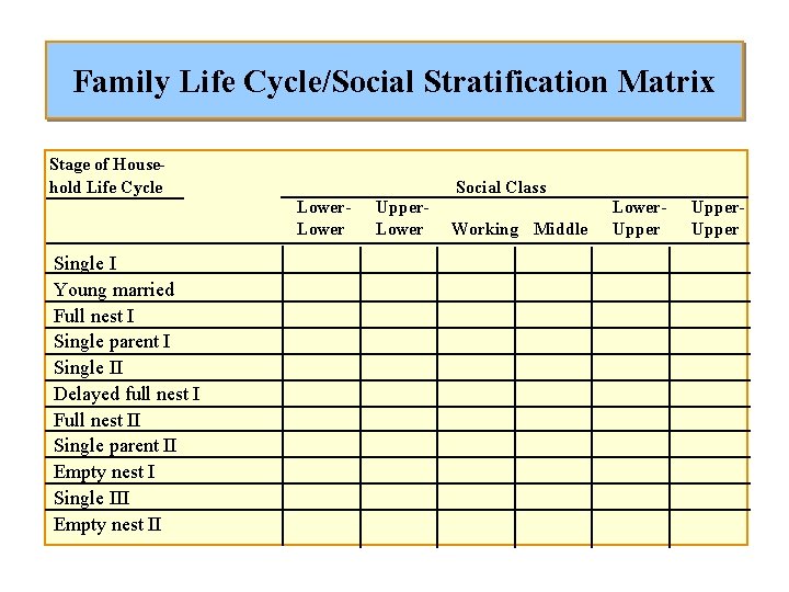 Family Life Cycle/Social Stratification Matrix Stage of Household Life Cycle Social Class Lower Single