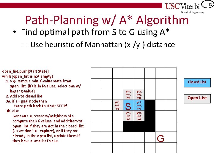 43 Path-Planning w/ A* Algorithm • Find optimal path from S to G using