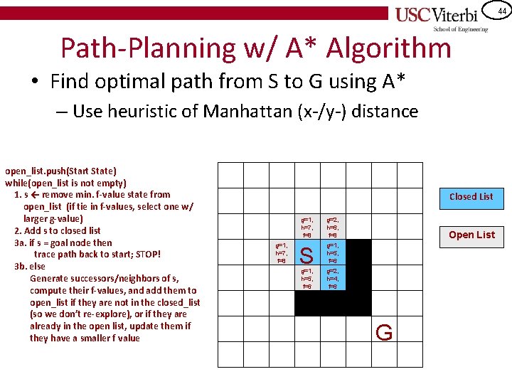 44 Path-Planning w/ A* Algorithm • Find optimal path from S to G using