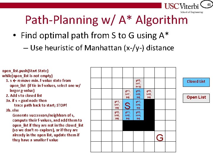 46 Path-Planning w/ A* Algorithm • Find optimal path from S to G using