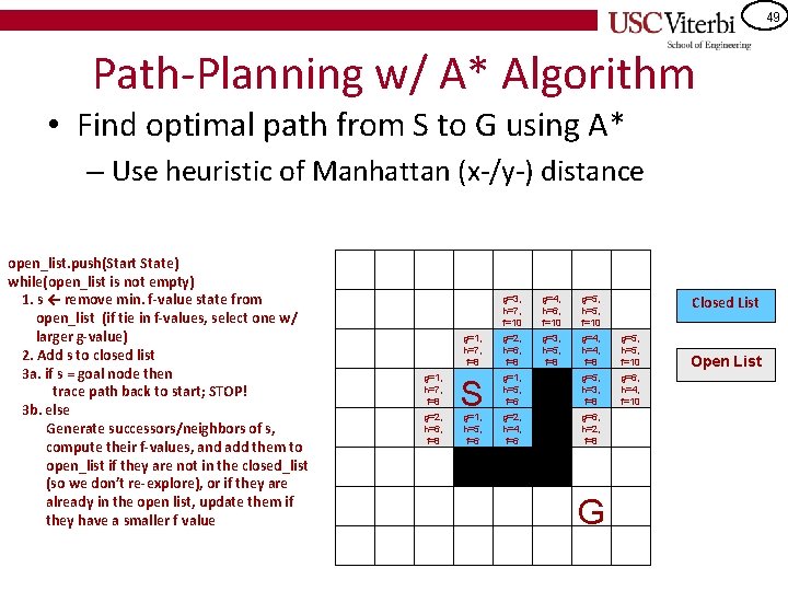 49 Path-Planning w/ A* Algorithm • Find optimal path from S to G using