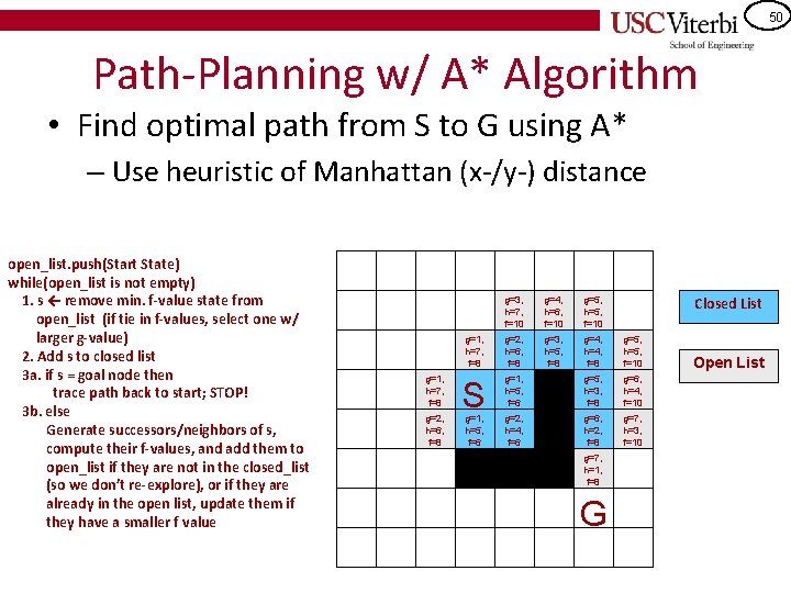 50 Path-Planning w/ A* Algorithm • Find optimal path from S to G using