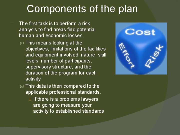 Components of the plan The first task is to perform a risk analysis to