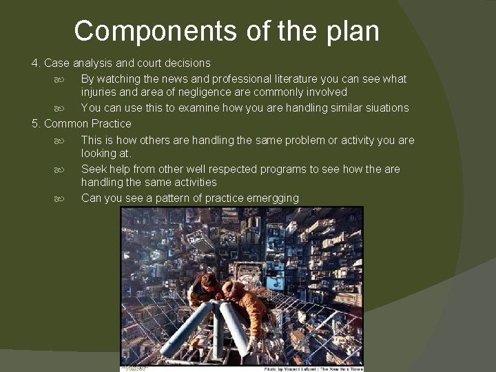 Components of the plan 4. Case analysis and court decisions By watching the news