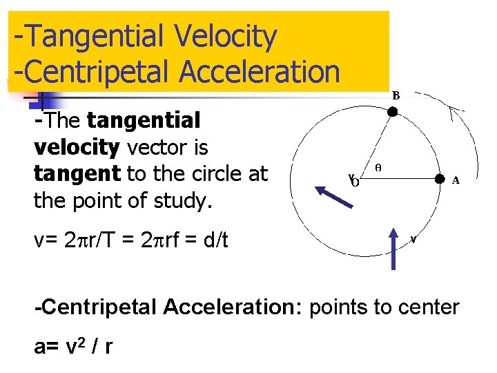 -Tangential Velocity -Centripetal Acceleration -The tangential velocity vector is tangent to the circle at