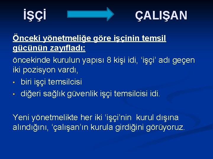 İŞÇİ ÇALIŞAN Önceki yönetmeliğe göre işçinin temsil gücünün zayıfladı: öncekinde kurulun yapısı 8 kişi