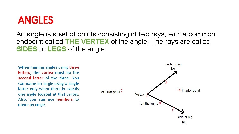 ANGLES An angle is a set of points consisting of two rays, with a ANGLES An angle is a set of points consisting of two rays, with a