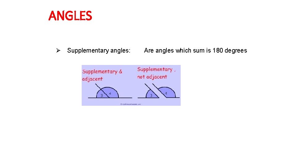 ANGLES Ø Supplementary angles: Are angles which sum is 180 degrees ANGLES Ø Supplementary angles: Are angles which sum is 180 degrees