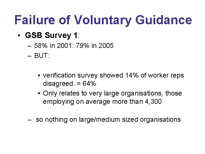 Failure of Voluntary Guidance • GSB Survey 1: – 58% in 2001: 79% in