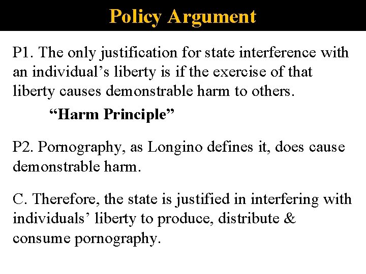 Policy Argument P 1. The only justification for state interference with an individual’s liberty