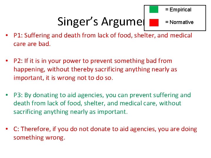 = Empirical Singer’s Argument: = Normative • P 1: Suffering and death from lack