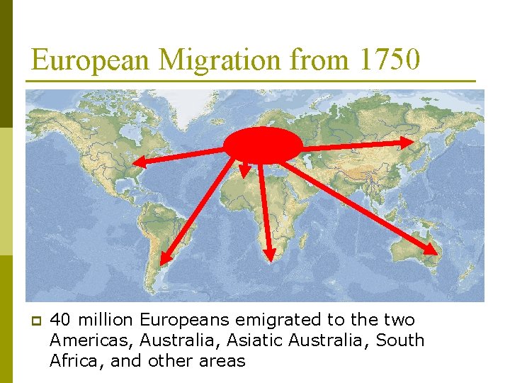 European Migration from 1750 p 40 million Europeans emigrated to the two Americas, Australia,