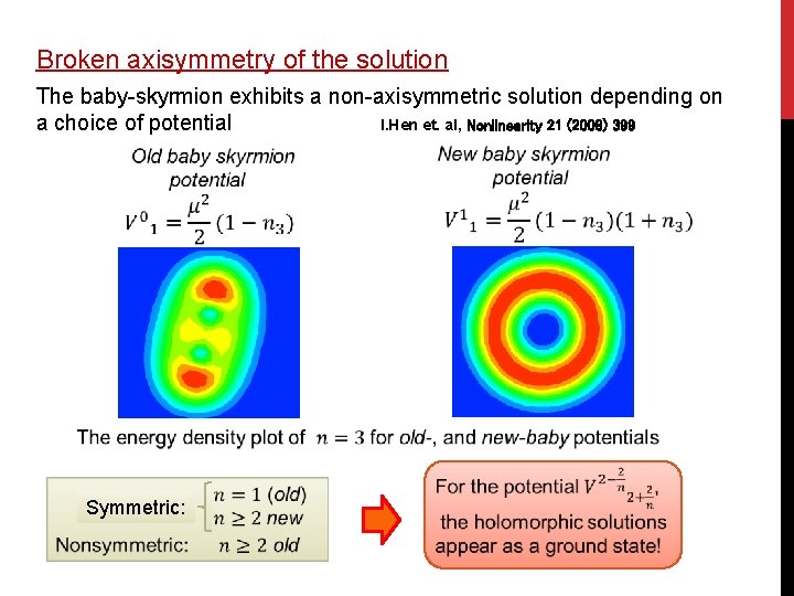 Broken axisymmetry of the solution The baby-skyrmion exhibits a non-axisymmetric solution depending on a