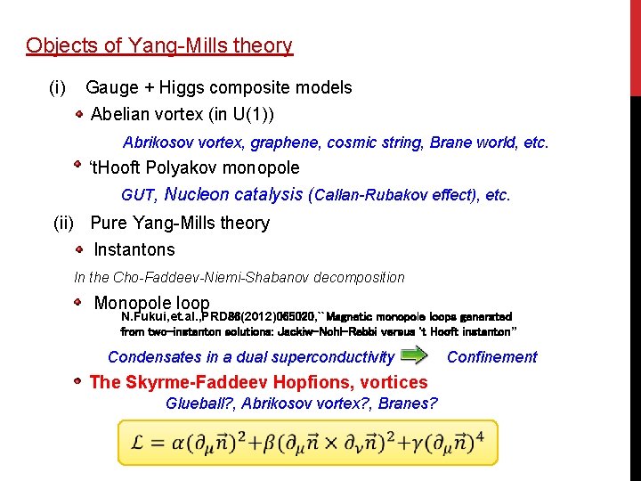 Objects of Yang-Mills theory (i) Gauge + Higgs composite models Abelian vortex (in U(1))