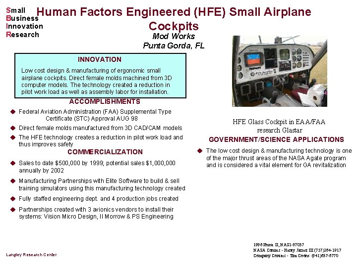 Human Factors Engineered (HFE) Small Airplane Cockpits Small Business Innovation Research Mod Works Punta
