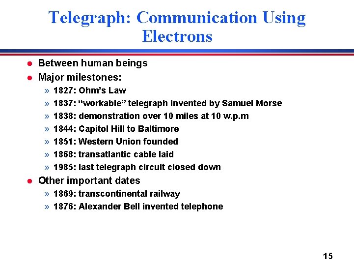 Telegraph: Communication Using Electrons l l Between human beings Major milestones: » » »