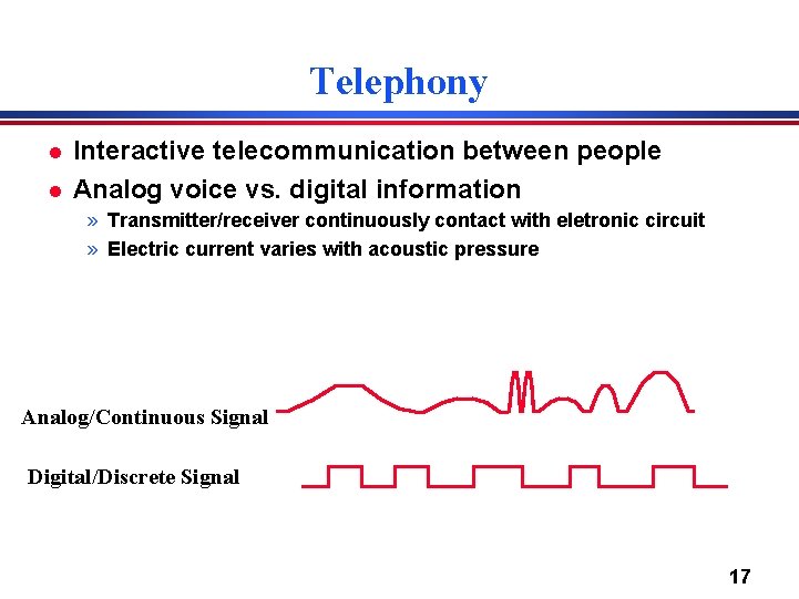 Telephony l l Interactive telecommunication between people Analog voice vs. digital information » Transmitter/receiver