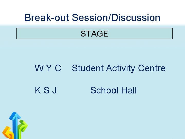 Break-out Session/Discussion STAGE WYC KSJ Student Activity Centre School Hall 