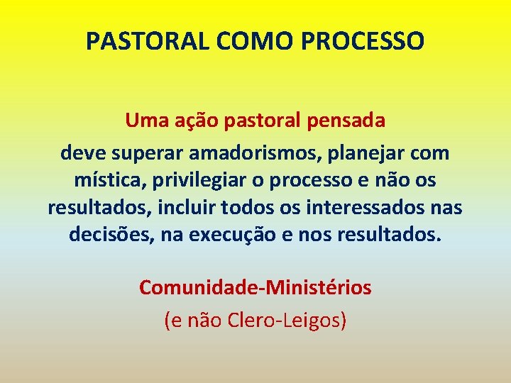 PASTORAL COMO PROCESSO Uma ação pastoral pensada deve superar amadorismos, planejar com mística, privilegiar