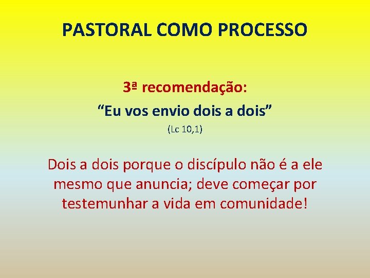 PASTORAL COMO PROCESSO 3ª recomendação: “Eu vos envio dois a dois” (Lc 10, 1)