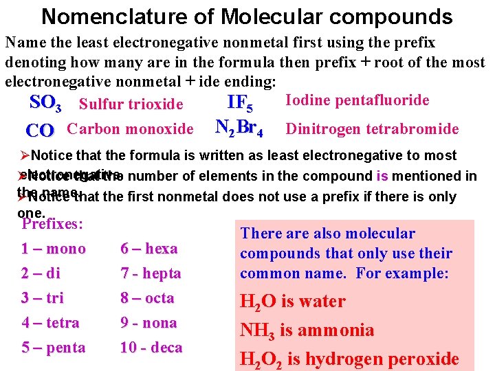 Nomenclature of Molecular compounds Name the least electronegative nonmetal first using the prefix denoting