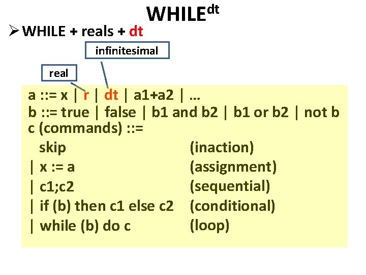 Ø WHILE + reals + dt dt WHILE infinitesimal real a : : =