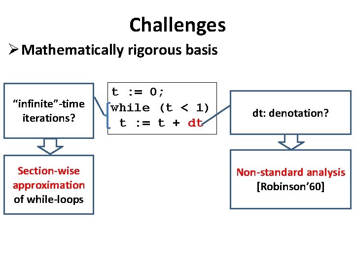Challenges Ø Mathematically rigorous basis “infinite”-time iterations? Section-wise approximation of while-loops t : =