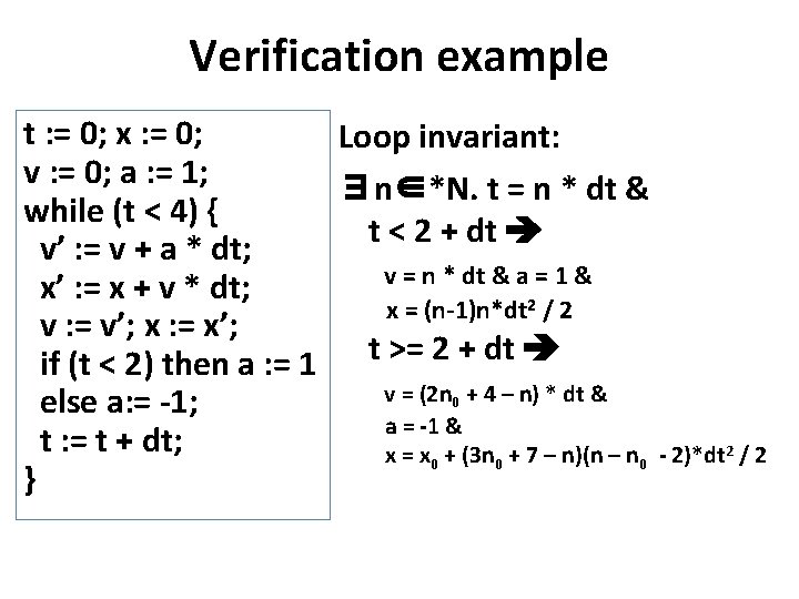 Verification example t : = 0; x : = 0; Loop invariant: v :