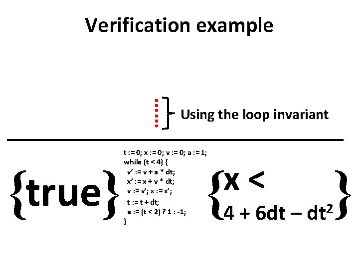 Verification example …… {true} Using the loop invariant t : = 0; x :