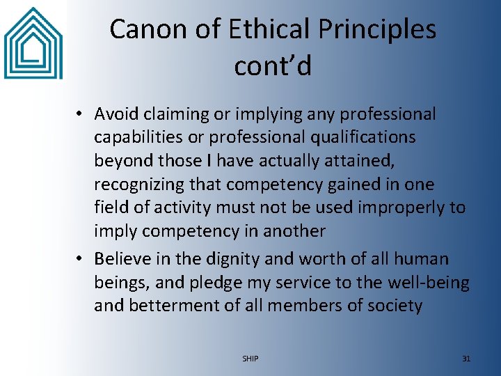  Canon of Ethical Principles cont’d • Avoid claiming or implying any professional capabilities