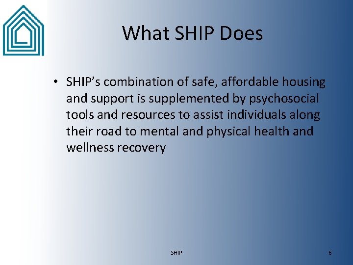 What SHIP Does • SHIP’s combination of safe, affordable housing and support is supplemented