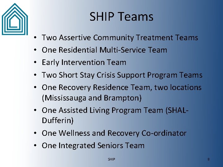 SHIP Teams Two Assertive Community Treatment Teams One Residential Multi-Service Team Early Intervention Team