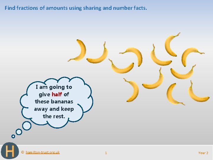 Find fractions of amounts using sharing and number facts. I am going to give