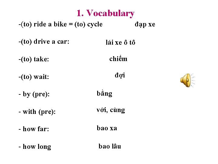 1. Vocabulary -(to) ride a bike = (to) cycle -(to) drive a car: đạp