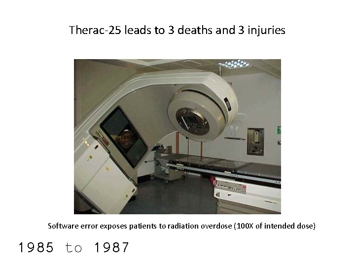 Therac-25 leads to 3 deaths and 3 injuries Software error exposes patients to radiation