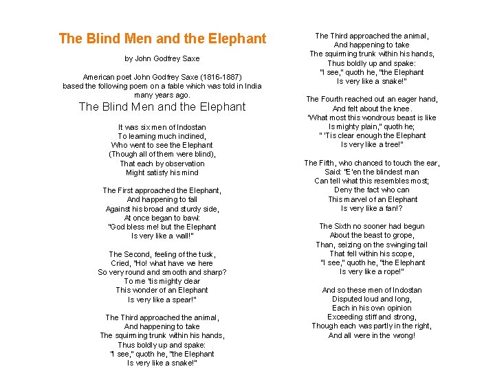 The Blind Men and the Elephant by John Godfrey Saxe American poet John Godfrey