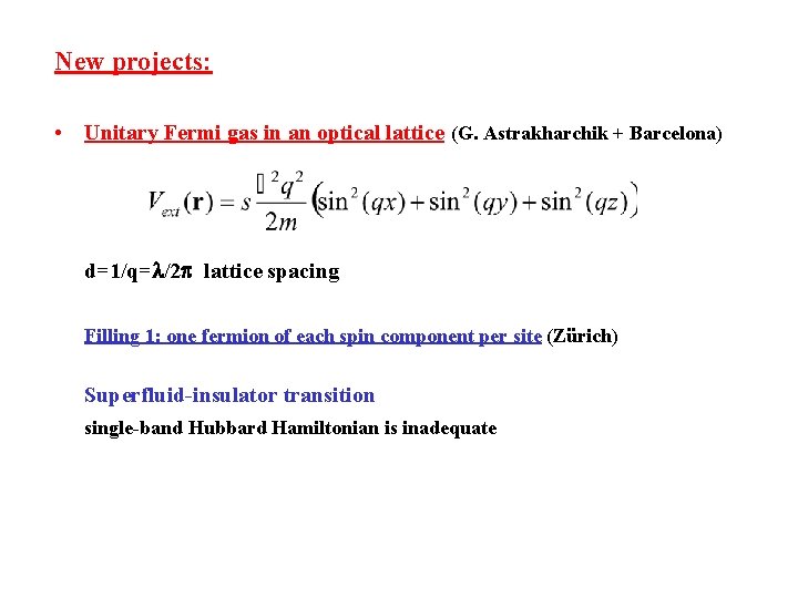 New projects: • Unitary Fermi gas in an optical lattice (G. Astrakharchik + Barcelona)