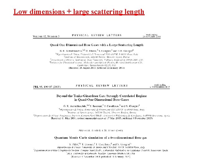 Low dimensions + large scattering length 