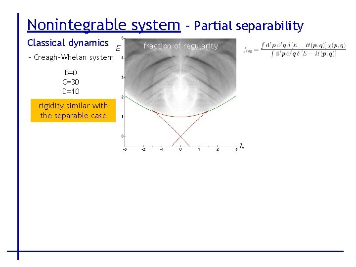 Nonintegrable system – Partial separability Classical dynamics - Creagh-Whelan system E fraction of regularity