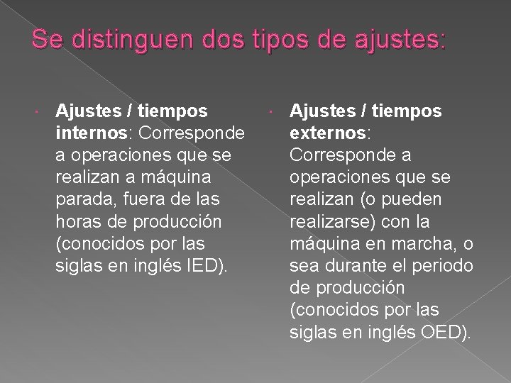 Se distinguen dos tipos de ajustes: Ajustes / tiempos internos: Corresponde externos: a operaciones