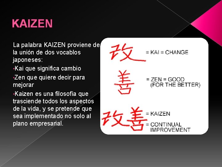 KAIZEN La palabra KAIZEN proviene de la unión de dos vocablos japoneses: • Kai