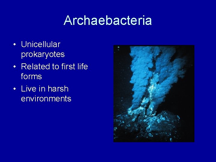 Archaebacteria • Unicellular prokaryotes • Related to first life forms • Live in harsh