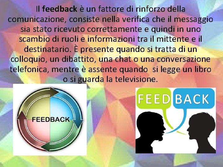 Il feedback è un fattore di rinforzo della comunicazione, consiste nella verifica che il