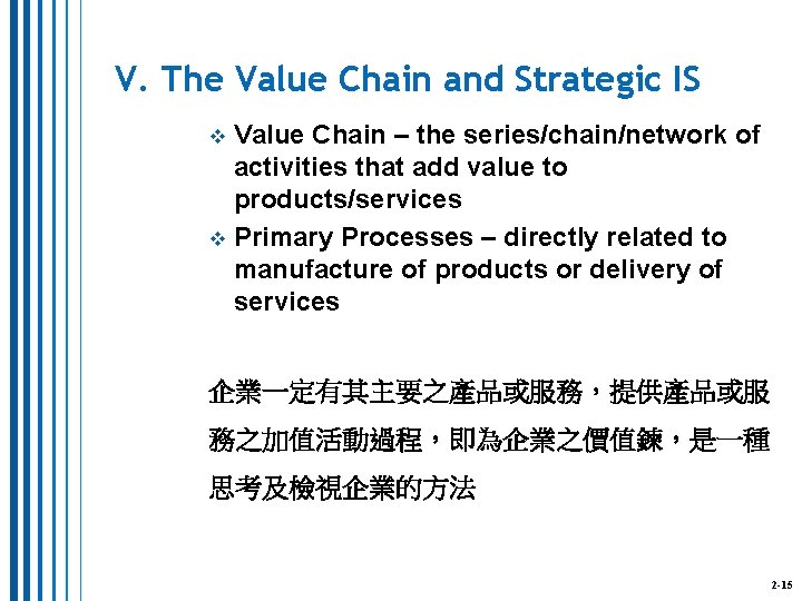 V. The Value Chain and Strategic IS Value Chain – the series/chain/network of activities